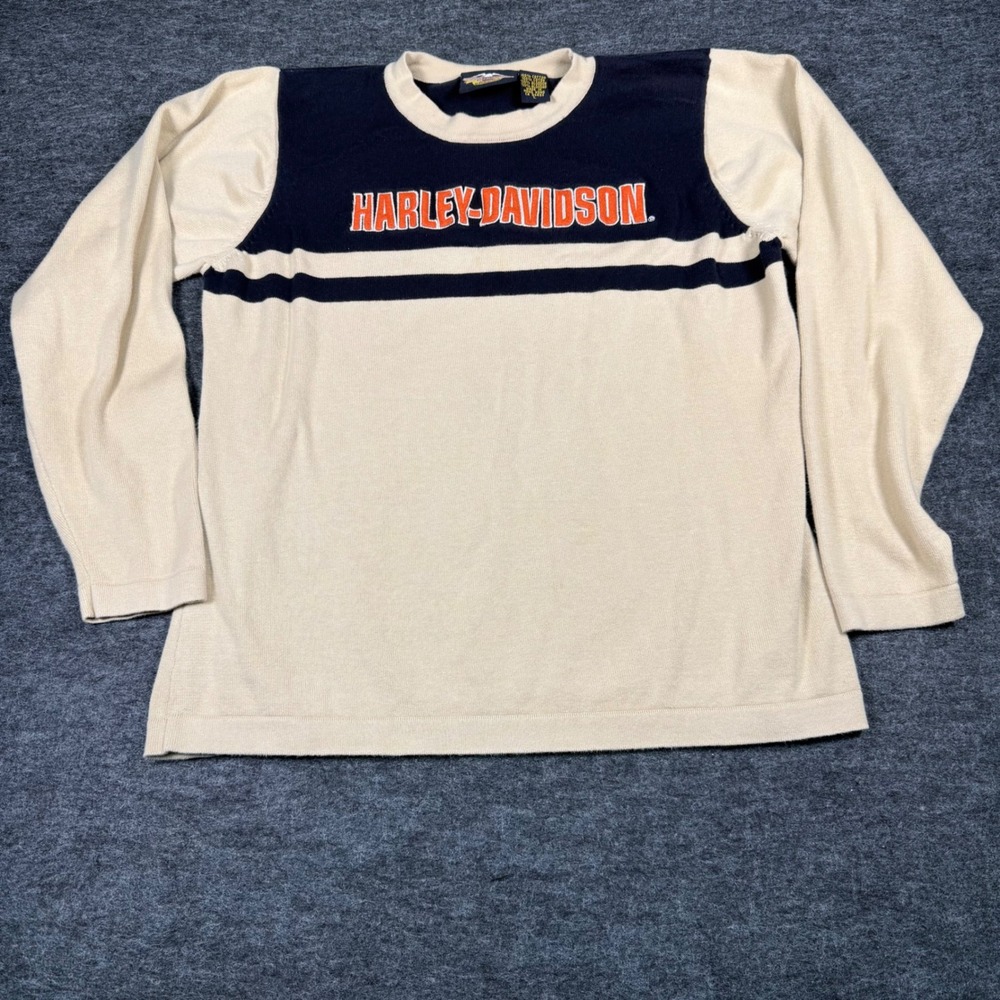 Harley Davidson Vintage Women L Knit Sweater Cream Black Embroidered Logo Cotton